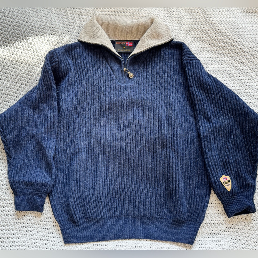 Men's Blue Zip-Up Sweater with Beige Collar